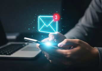 Person holding a smartphone with a glowing email notification icon above it