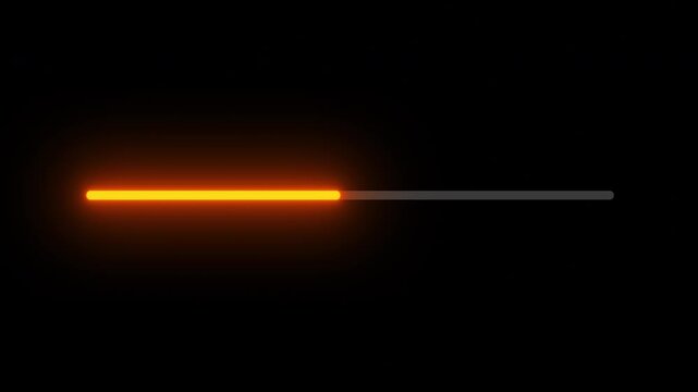 Bright glowing orange horizontal beams loading bars and progress indicators on black background, showing filled status for data transfer, buffering, download, and web technology interface design