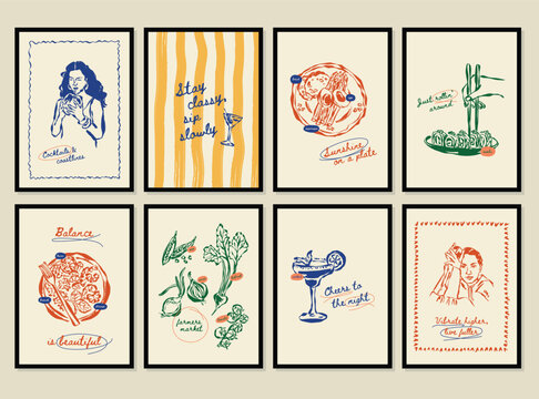 Whimsical hand drawn food and beverage vector illustration set. La Dolce Vita doodles. Art for postcards, branding, logo design, background.