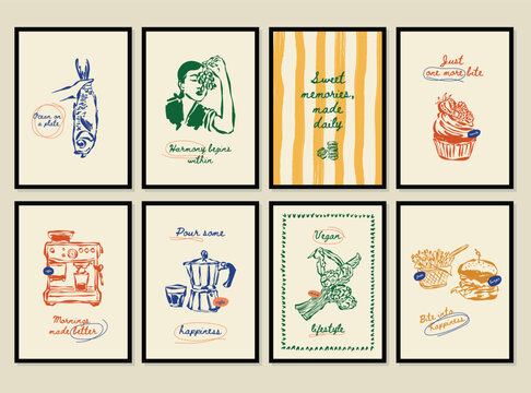 Whimsical hand drawn food and beverage vector illustration set. La Dolce Vita doodles. Art for postcards, branding, logo design, background.
