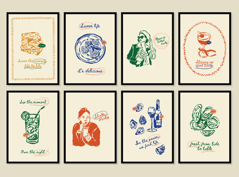 Whimsical hand drawn food and beverage vector illustration set. La Dolce Vita doodles. Art for postcards, branding, logo design, background.