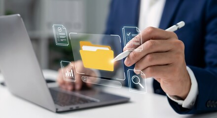 Businessman organizing digital archives using a virtual file interface to streamline document workflow, ensure data accessibility, insights for efficient information management and paperless office st
