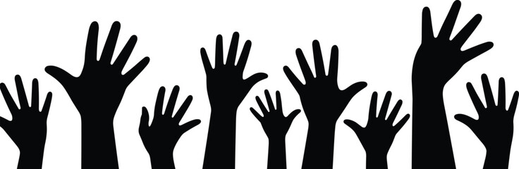 Obraz premium Raised hands silhouette collection, crowd reaching arms isolated on white background social protest concept illustration