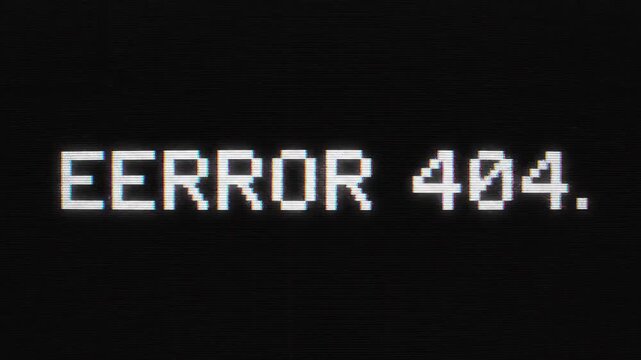 Critical system failure warning displayed as glitching pixelated "Error 404" text, ideal for technology and cybersecurity projects.