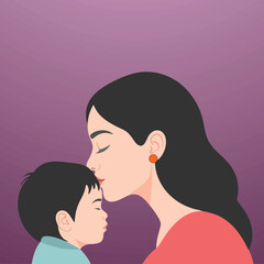 Obraz premium Close-up flat illustration of mother kissing her child. Perfect for maternal affection, family intimacy, parenting care, emotional connection, and Mother’s Day artwork.