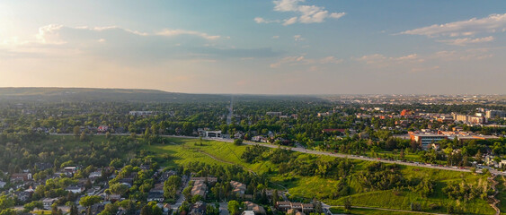 Fototapeta premium Aerial view of Calgary park on a beautiful summer sunset, Alberta - Canada