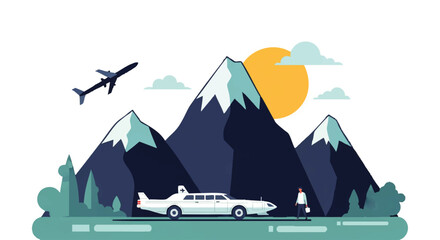 Scenic mountain landscape with a sleek limousine, an airplane soaring overhead, and a vibrant sun for luxury travel and adventure