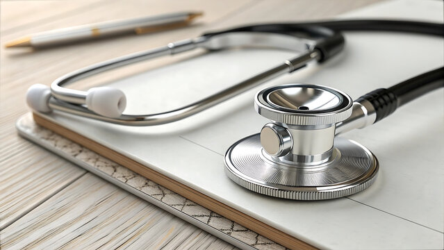 Stethoscope resting on medical notebook with blank page for healthcare diagnosis and treatment notes