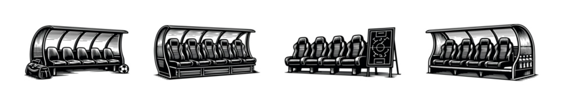 Football bench flat vector icons set - soccer, coach, dugout illustrations collection