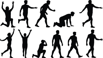 Obraz premium Running and walking man silhouette collection, male body action poses set isolated on white background vector illustration