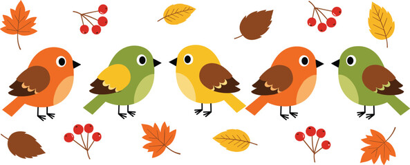 Cute Autumn Bird Collection with Colorful Sparrows, Fallen Maple Leaves, and Red Berries for Seasonal Greeting Cards, Nature Wall Art, and Textile Prints