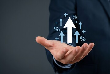 Businessman visualizing financial growth indicators and interest rate trends in hand to assess return on investment (ROI), optimize revenue streams, manage asset appreciation, insights for maximizing 