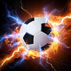 Naklejka premium Powerful Soccer Ball Engulfed in Fiery Orange and Electric Blue Energy
