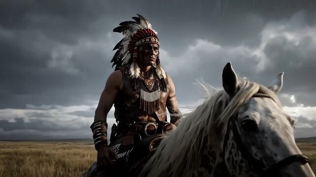 Native American Warrior on Horseback Under Stormy Skies