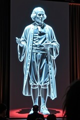 Fototapeta premium A glowing hologram of a man in 18th-century attire is projected on a stage, with an audience watching in a dark room.