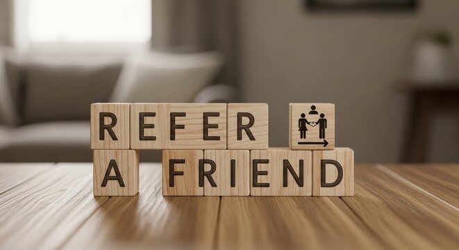 Wooden blocks spelling REFER A FRIEND and showing a referral icon, representing a marketing program for customer loyalty and recommendation in a comfortable home setting. 3D rendering.
