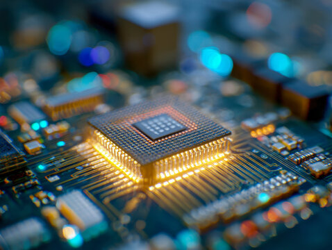 Glowing microprocessor chip on detailed futuristic circuit board with vibrant lighting showcasing advanced technology and electronic innovation design
