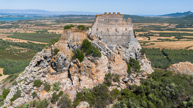 The medieval ruins of Castello di Acquafredda overlooking the Cixerri valley in Siliqua, Sardinia, Italy