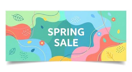 Fototapeta premium Spring Sale banner template with abstract fluid organic shapes and nature elements. Seasonal promotion vector illustration in modern flat pastel colors.