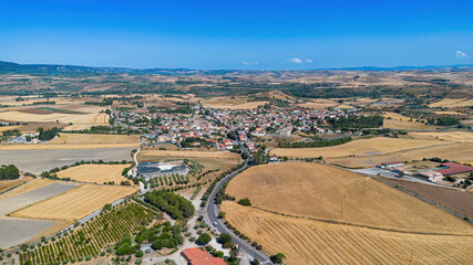 Aerial panoramic view of Barumini village and the surrounding Sardinian countryside
