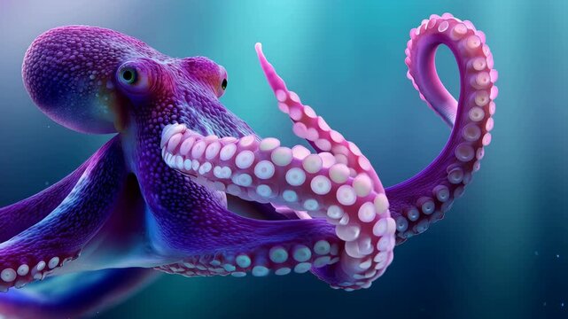 Vibrant purple octopus swims past camera tentacles curling and unfurling in turquoise water