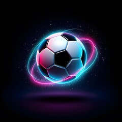 Naklejka premium Dynamic Neon Soccer Ball with Vibrant Pink and Blue Light Rings