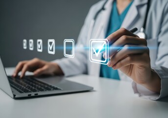 Doctor using technology to access digital patient health records and medical information on a futuristic interface