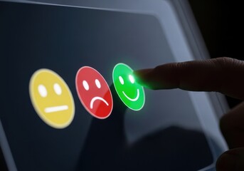 Customer feedback selection of a happy face emoji on a touch screen interface