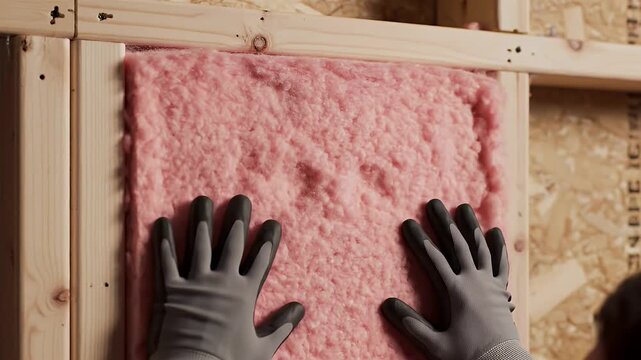 Construction Worker Installing Pink Fiberglass Insulation Between Wooden Wall Studs for Home Building and Energy Efficiency
