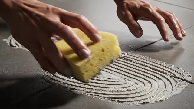 Detail Close Up Of Hands Cleaning Gray Floor Tiles With A Yellow Sponge And Soap Foam Gentle Scrubbing Motion