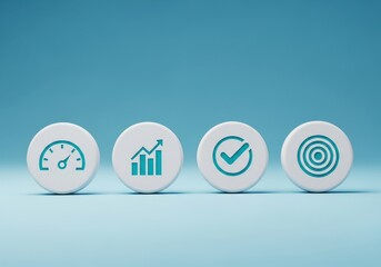 Four circular icons representing performance growth success and goals on a blue background