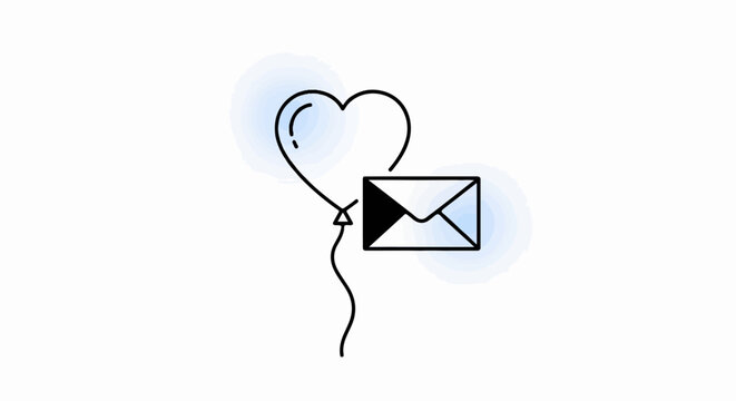 A heart-shaped balloon carries a letter envelope with blue watercolor splashes