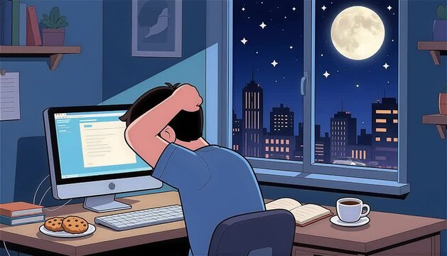 Young man studying in his room (cartoon style) / Joven estudiando en su habitaci&oacute;n 