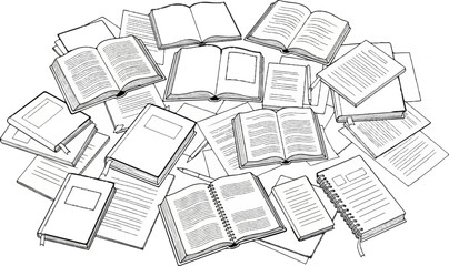 A scattered pile of open and closed books, notebooks, and loose papers
