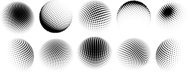 Halftone 3D sphere. Dotted globes, circle shapes with dot pattern fading effect.  Abstract spheres vector set