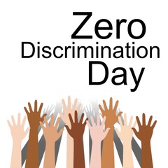 Fototapeta premium Zero discrimination day banner with hands of different skin colors stacked on top of each other as teamwork