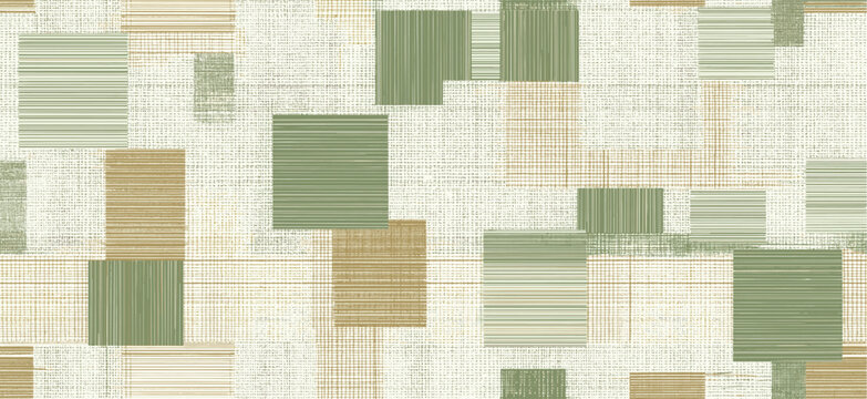 Patchwork geometric pattern creating a seamless textured background. Seamless collage of muted sage and khaki rectangular shapes with woven fabric texture