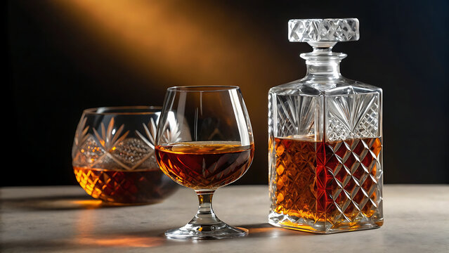 Elegant whiskey decanter and glasses with golden liquor on dark reflective surface for luxury celebration