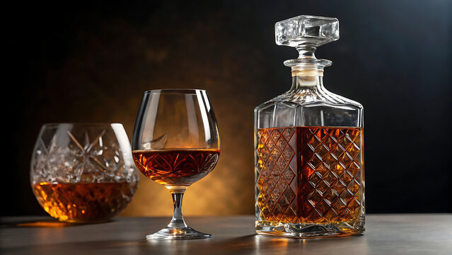 Elegant whiskey decanter and glasses with rich amber liquor on dark wooden table in moody lighting