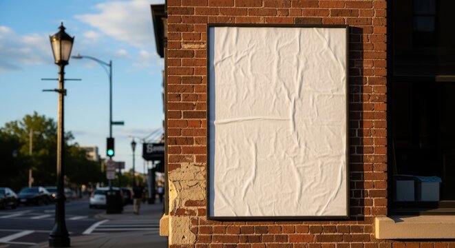 Blank vertical white wrinkled poster mockup mounted on a rustic red brick wall in an urban setting during golden hour, perfect template for advertising or street art display.