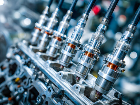Close-up of high-performance fuel injectors in an automotive engine system