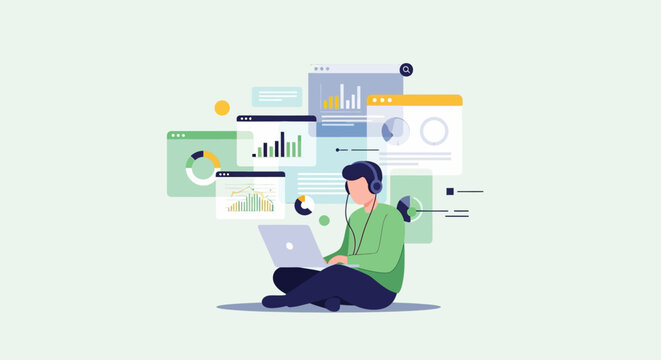 Man working on laptop surrounded by data visualizations and charts