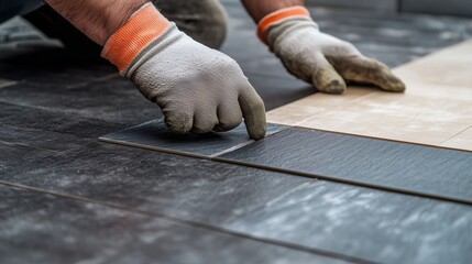 a worker laying ceramic tiles on the floor wearing gloves.A professional worker laying ceramic tiles on the floor in protective gloves during home renovation and interior renovation.