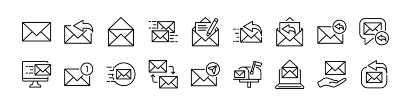 Mail, electronic mail, envelope thin line icon set. Contains message, mailbox, reply, open, send, write, inbox, response, letter box, post, receive, contact information for communication - vector