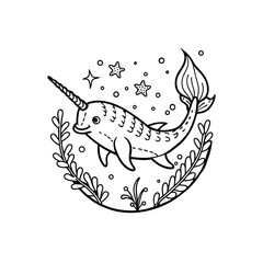 A cute cartoon narwhal with a spiraled horn swimming among seaweed and stars, in a whimsical line art style. © davis
