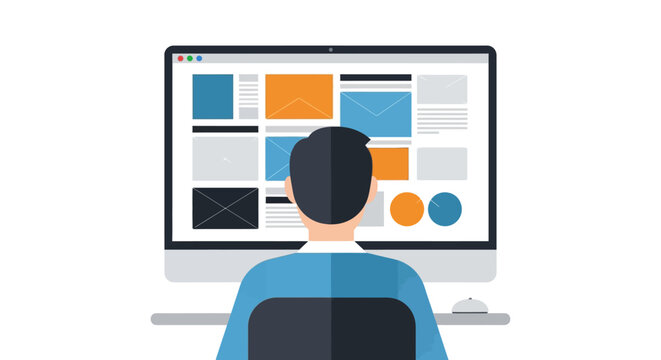 Man designing website on computer with various UI elements on screen