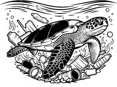 A sea turtle navigates through a sea of plastic pollution in the ocean