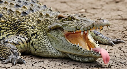 Fototapeta premium Crocodile with Open Mouth Showing Tongue on Cracked Earth.