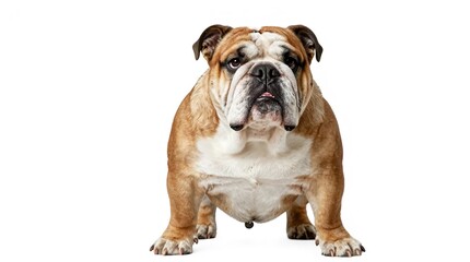 Fototapeta premium A brown and white bulldog standing on a plain background looking directly at the camera