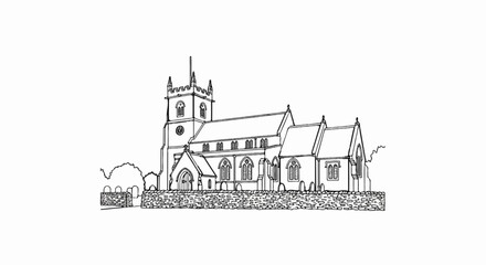 Obraz premium A line drawing showcases a historic church with a prominent clock tower and ornate windows